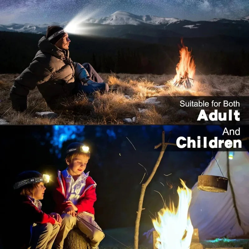 Adult and child wearing headlamps by campfire under stars, suitable for outdoor adventures