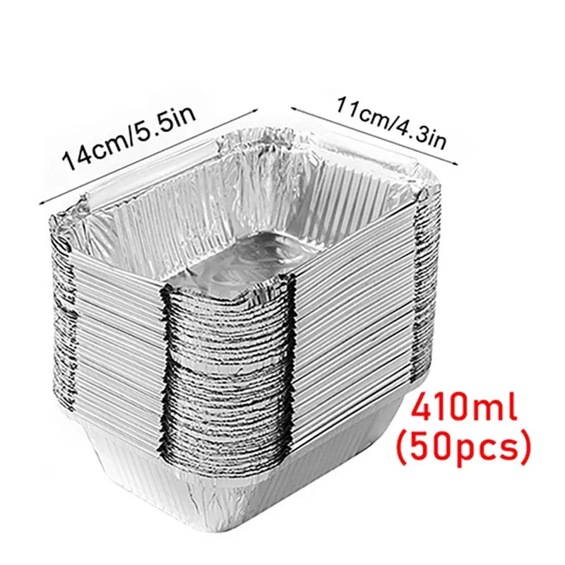 Stack of 50 aluminum foil trays, 410ml capacity, 14x11cm, ideal for cooking or storage