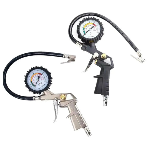 Dual tire pressure gauges with air hose and trigger nozzles for vehicle maintenance