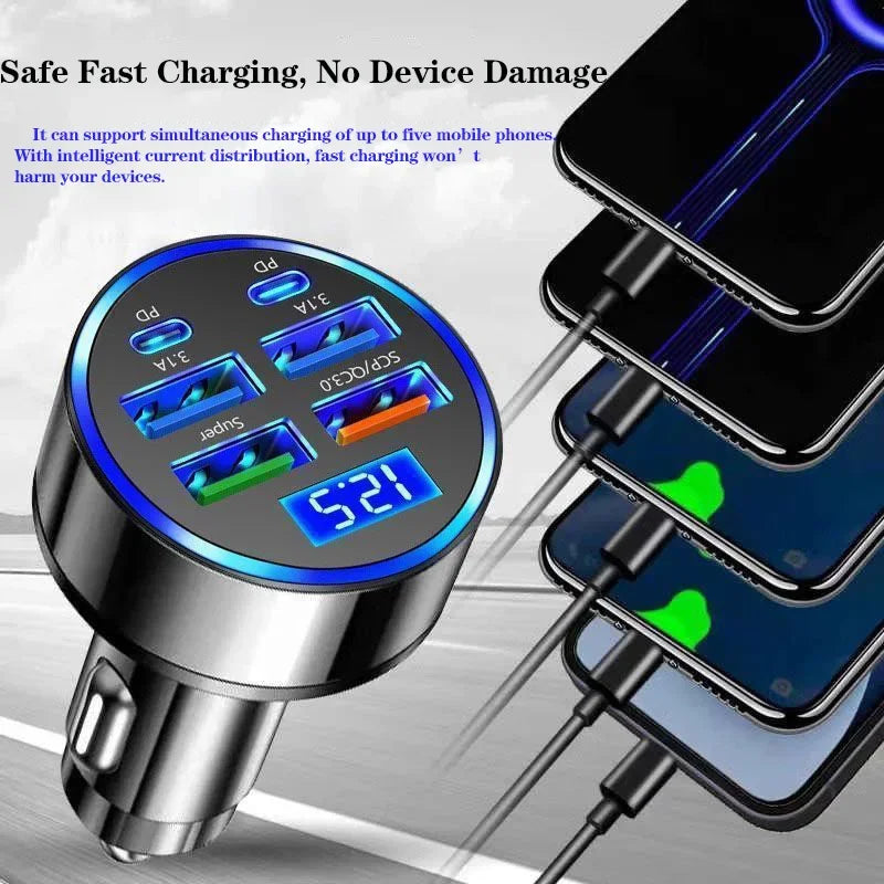 5-port car charger with PD, QC3.0, and LED display for fast, safe phone charging on the road