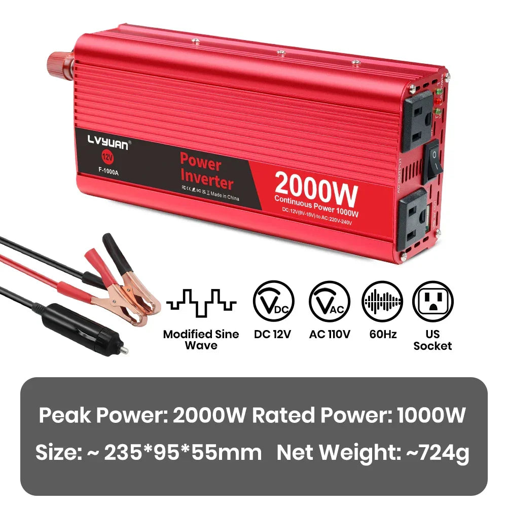 Red 2000W power inverter with 1000W continuous output, DC 12V to AC 110V, modified sine wave, US socket, car clamps included