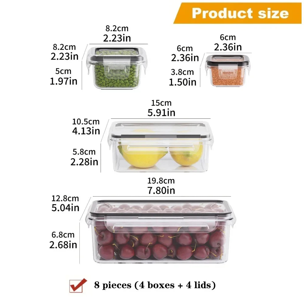 Clear food storage containers with lids, holding peas, lemons, and cherries, showing exact dimensions for meal prep and organization.