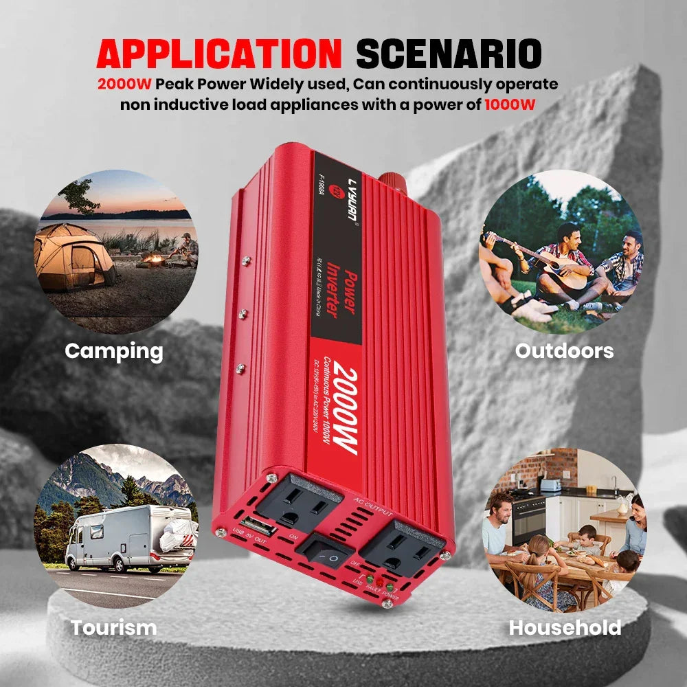 Red 2000W power inverter for camping, outdoors, tourism & household use with AC outlets and USB ports