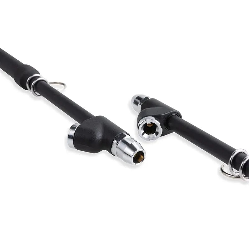 Black and chrome angled connectors with metal rings for secure attachment