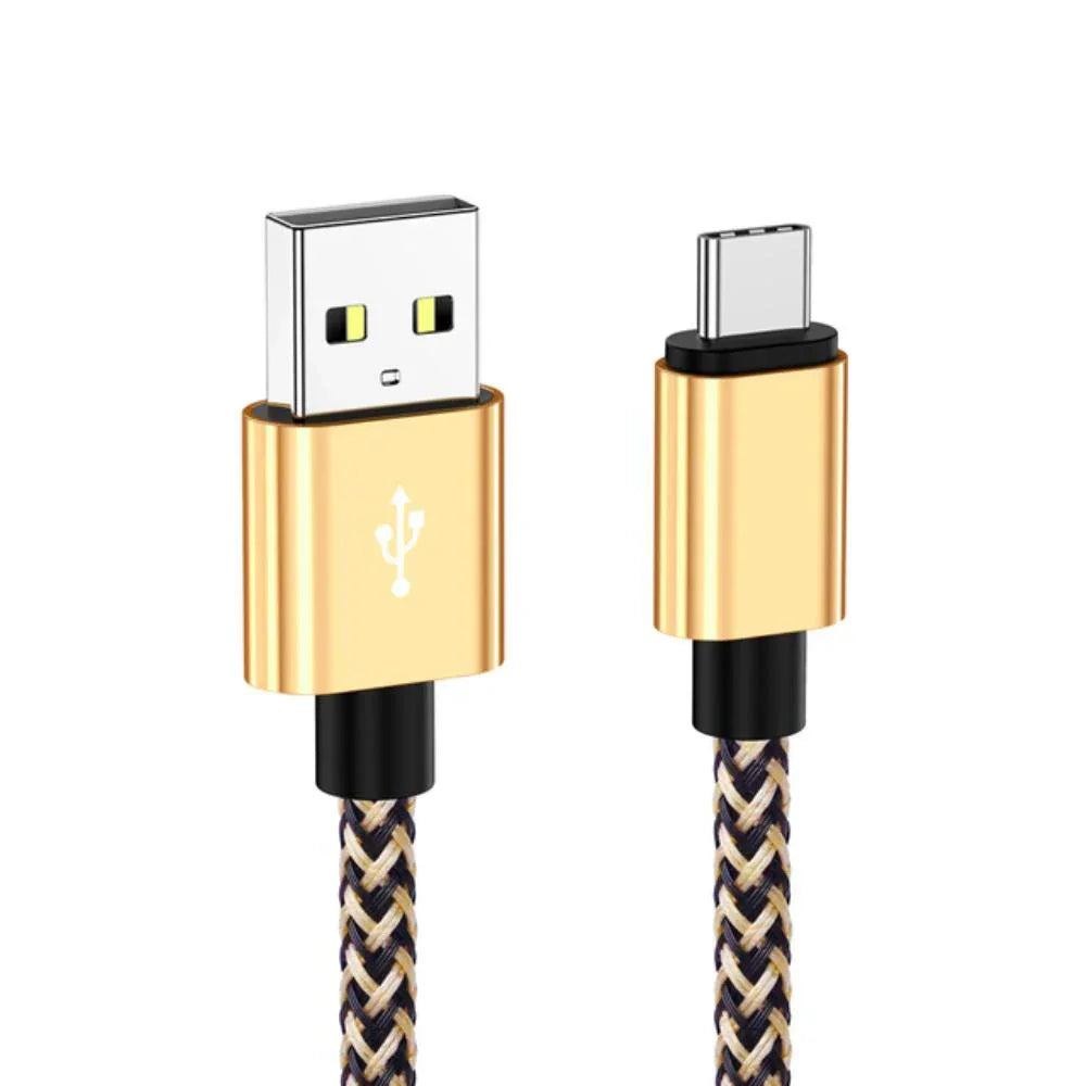 Durable USB to USB-C charging cable with gold connectors and braided nylon cord for reliable power and data transfer.