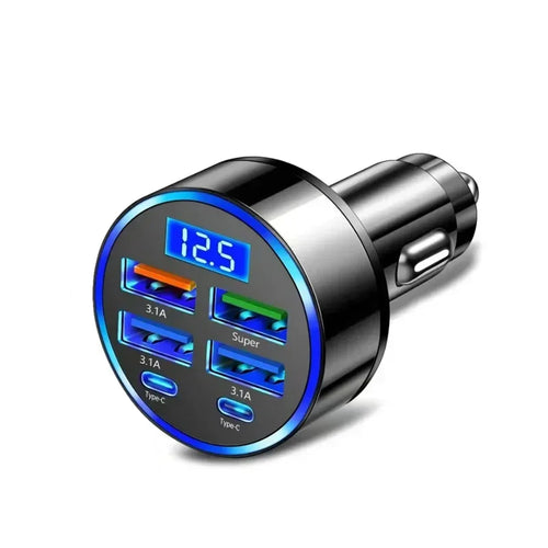 Multi-port car charger with USB-A, Type-C, and digital voltage display for on-the-road device charging