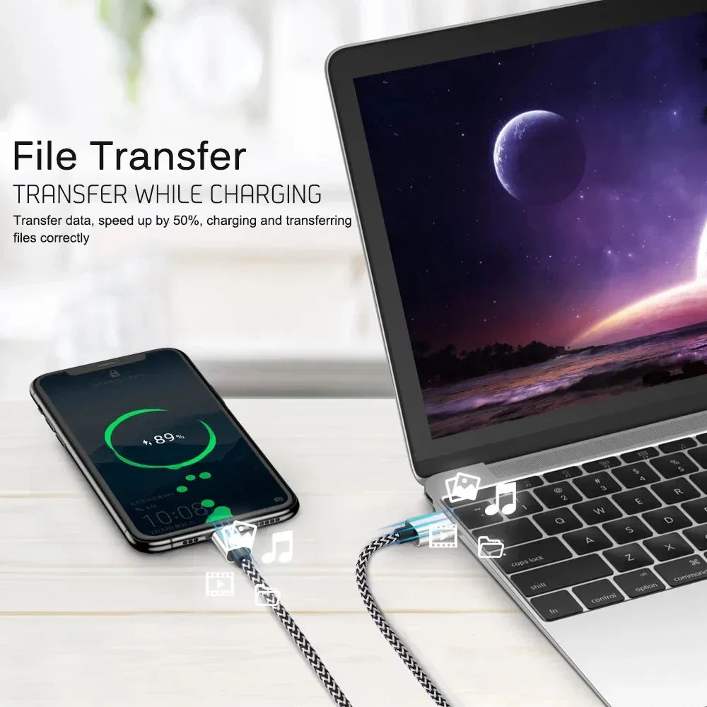 USB cable charging phone & transferring files to laptop, fast data sync while charging
