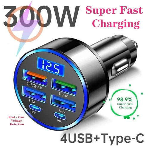 300W car charger with 4 USB + Type-C ports, super fast charging, real-time voltage display