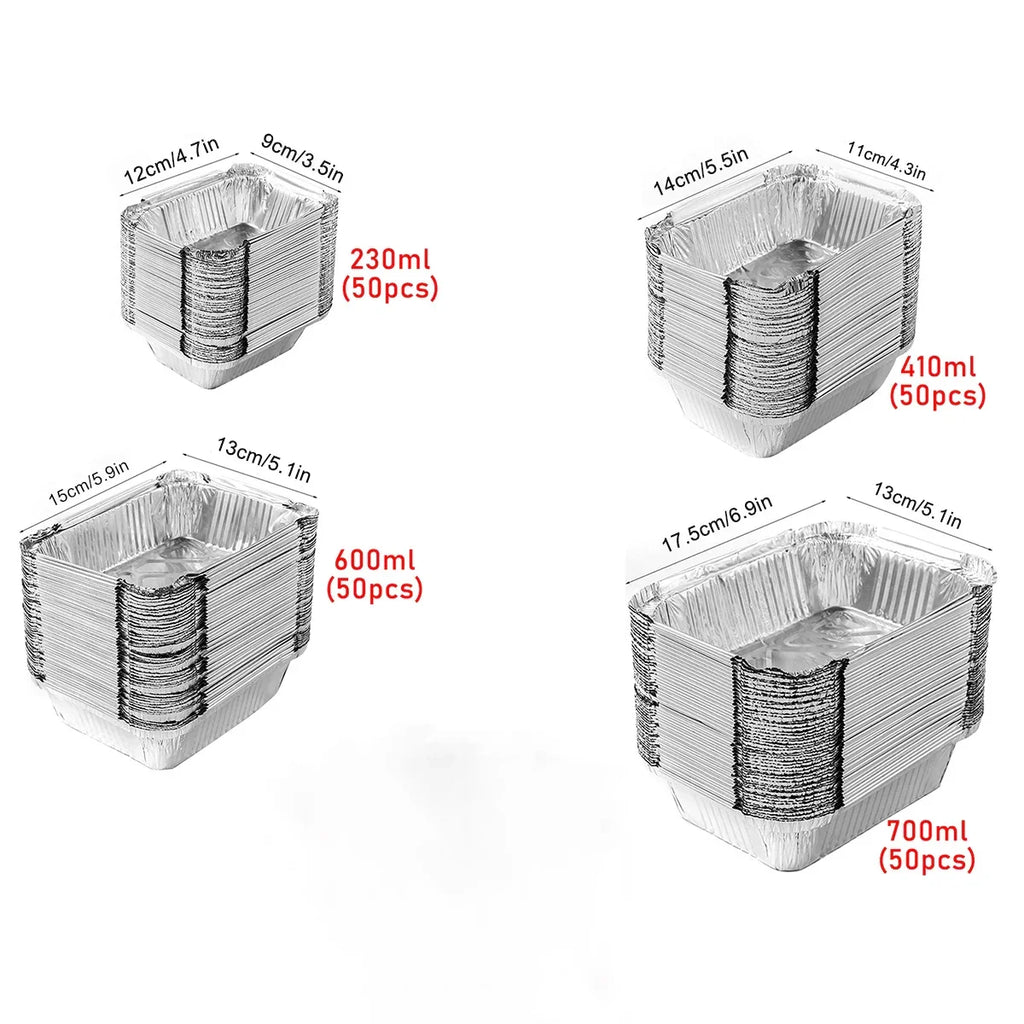 Disposable aluminum foil containers in 4 sizes: 230ml, 410ml, 600ml, 700ml — 50 pcs each, ideal for takeout or storage.