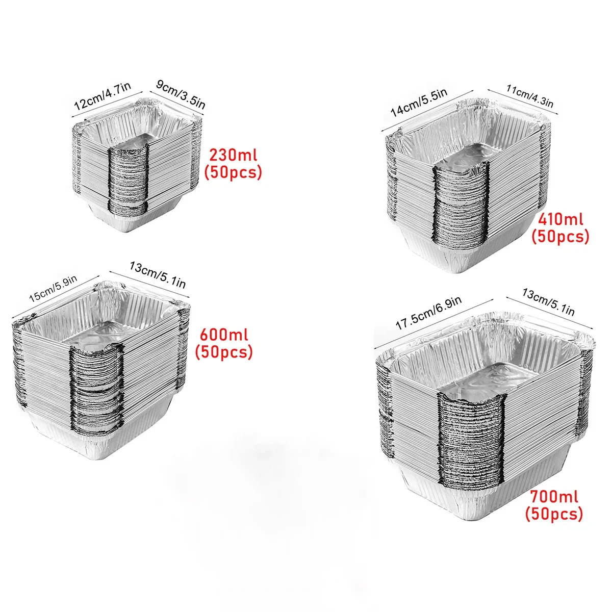 Disposable aluminum foil containers in 4 sizes: 230ml, 410ml, 600ml, 700ml — 50 pcs each, ideal for takeout or storage.