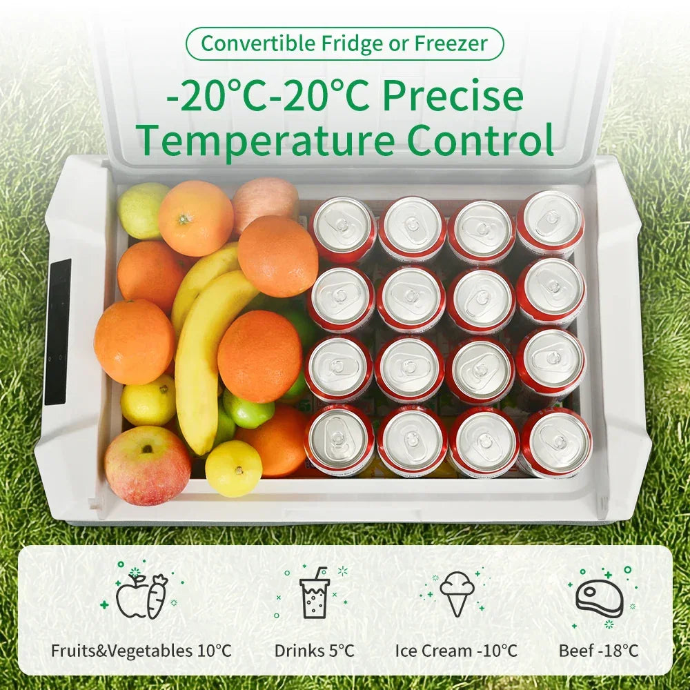 Convertible fridge freezer with precise -20°C to 20°C temp control, holding fruits, drinks, and cans on grass