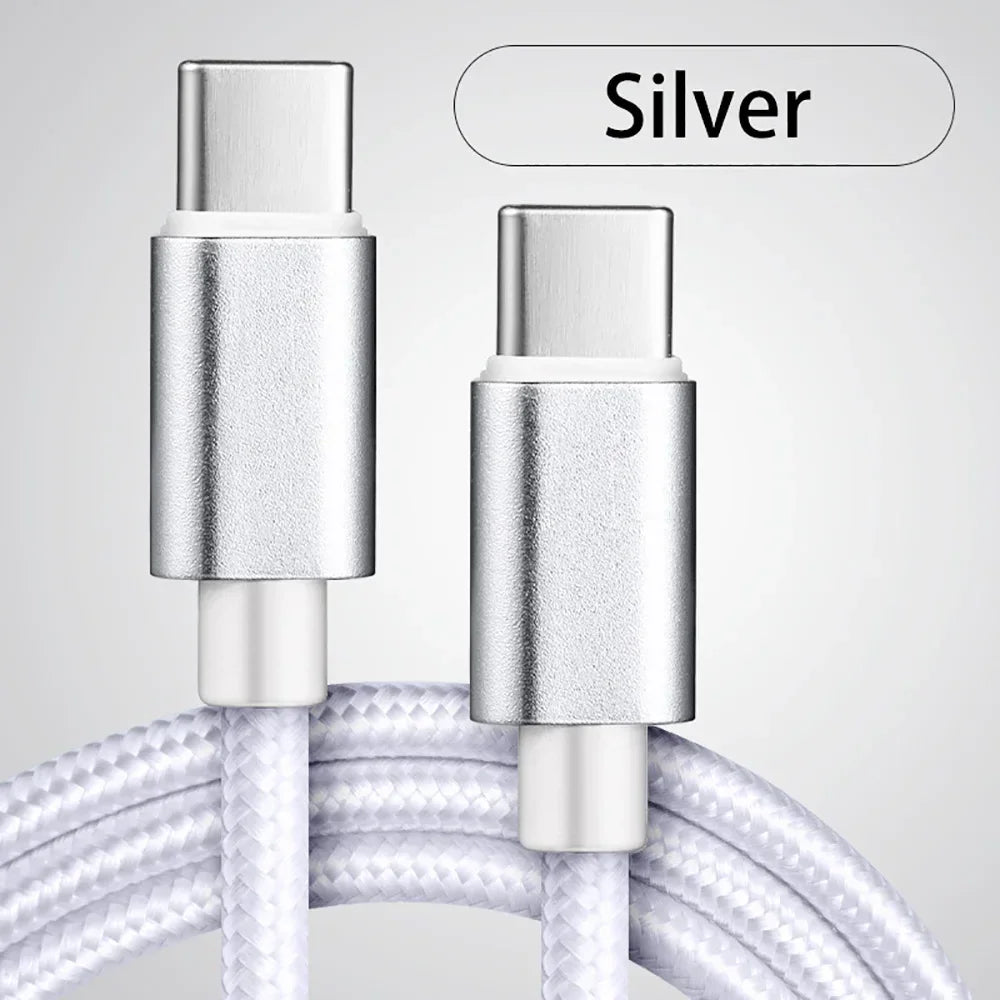 Silver USB-C charging cable with braided nylon cord for durable device charging