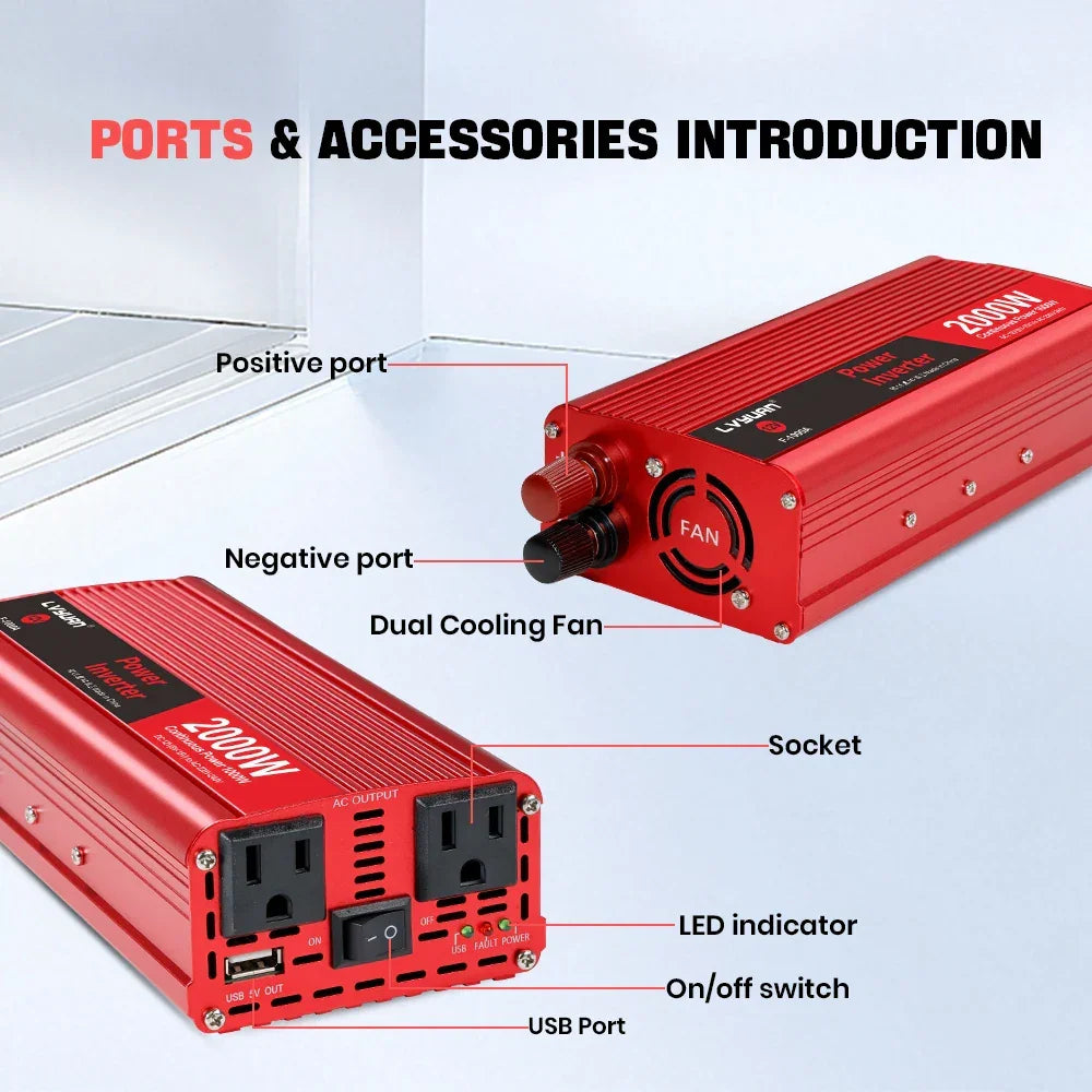 Red 2000W power inverter with dual cooling fans, AC sockets, USB port, and LED indicators for truck or RV use