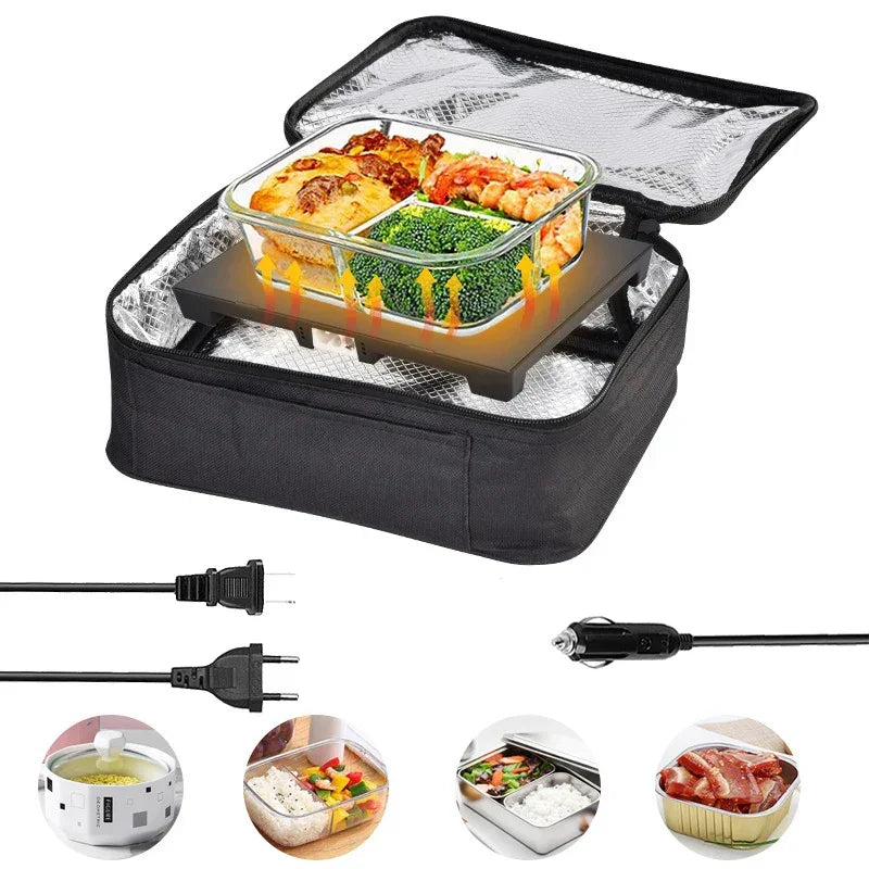Heated lunch box with insulated bag, car and home plug options, keeps meals warm for on-the-road dining