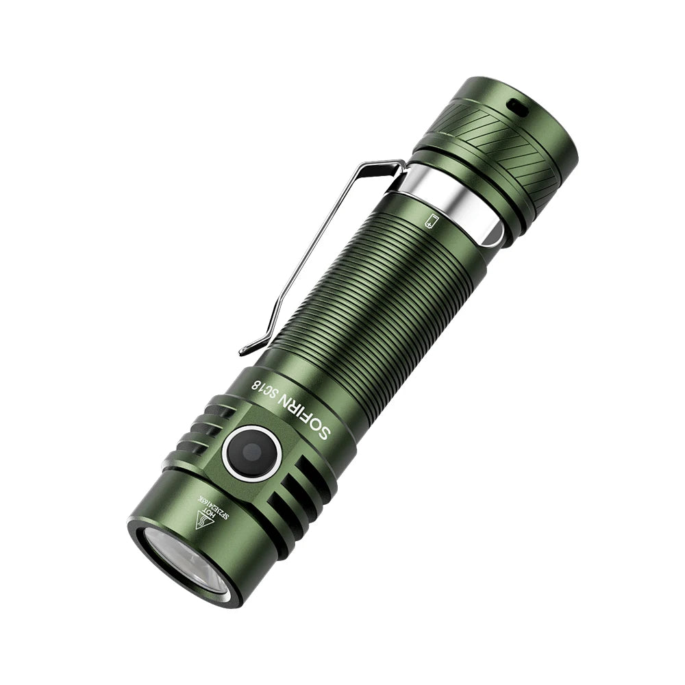Sofirn SC18 tactical flashlight with green aluminum body, textured grip, and clip for outdoor or professional use