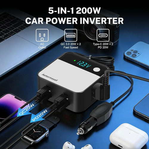 5-in-1 200W car power inverter with AC, QC3.0 & Type-C PD charging for phones, laptop, watch