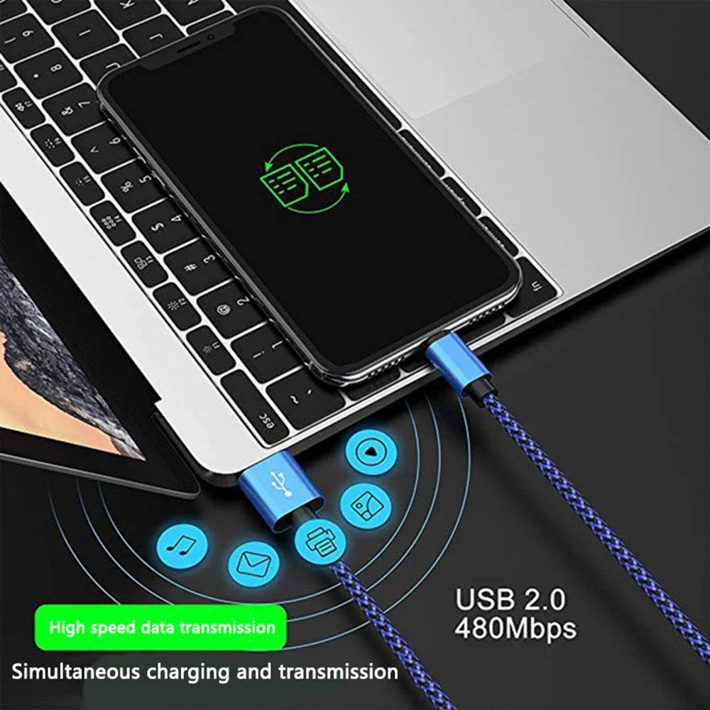 Blue USB 2.0 cable charging phone & transferring data at 480Mbps, simultaneous sync and charge on laptop