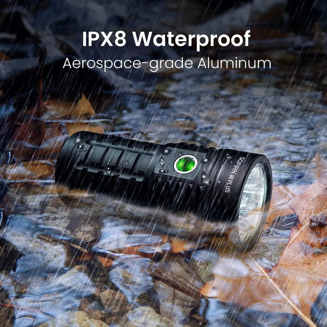 IPX8 waterproof flashlight in rain, aerospace-grade aluminum, rugged outdoor lighting