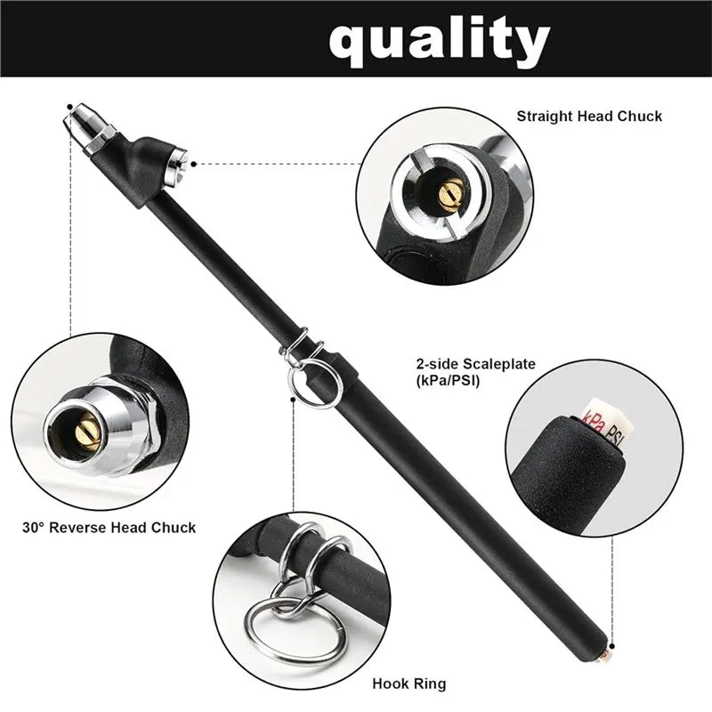 High-quality tire pressure gauge with straight and reverse head chucks, dual-scale kPa/PSI, and hook ring for truck or RV use