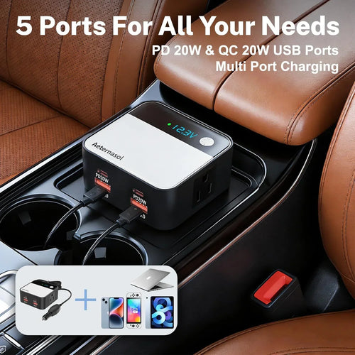 5-port car charger with PD 20W & QC 20W USB ports, multi-device charging in vehicle console