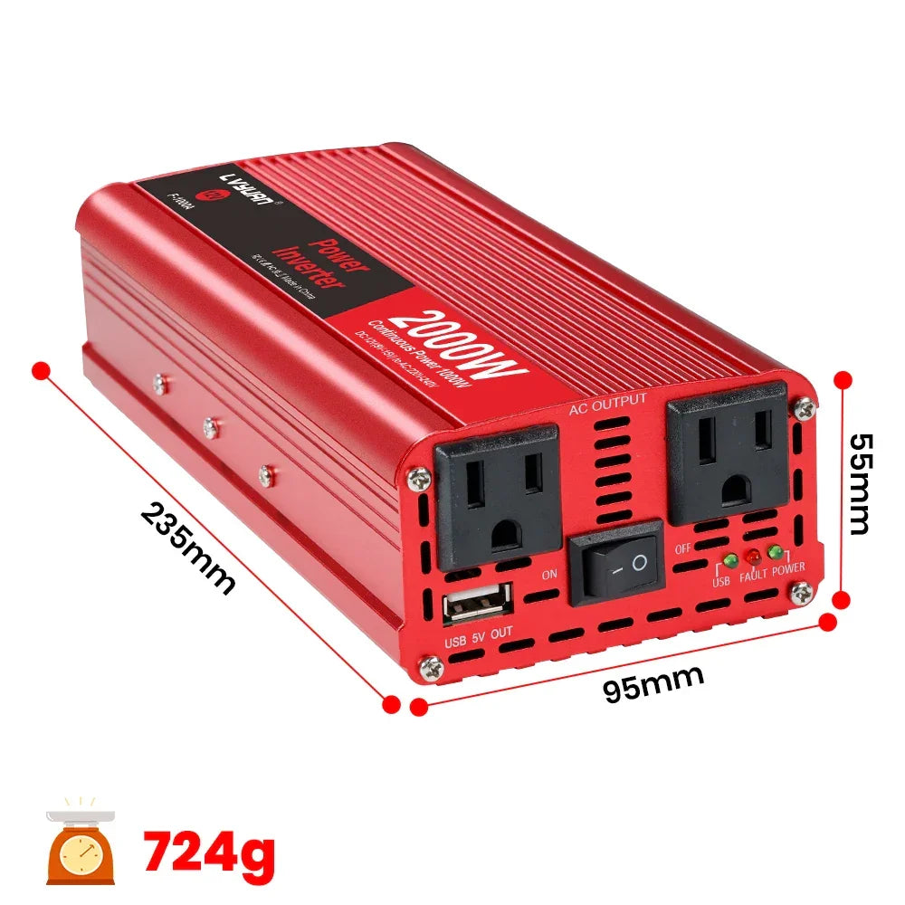 Red 2000W power inverter with AC outlets, USB port, and compact 724g design for on-the-road use