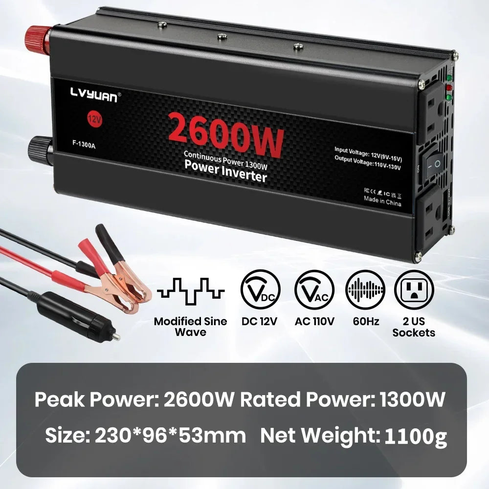 2600W peak 1300W continuous power inverter with 2 US sockets, modified sine wave, DC 12V to AC 110V for vehicles