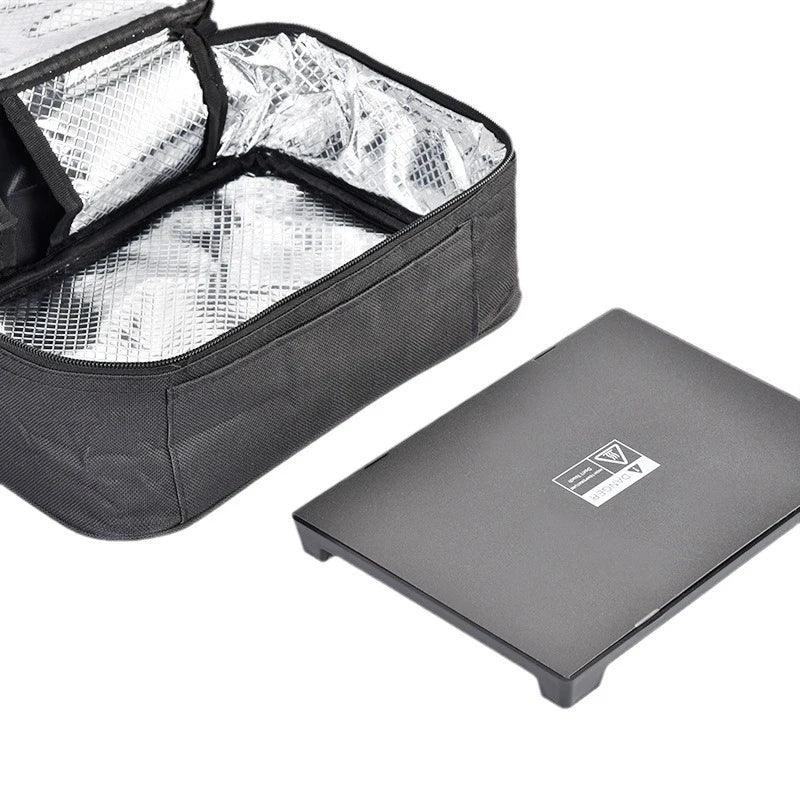 Insulated lunch bag with reflective lining and portable cooler tray for on-the-go meals