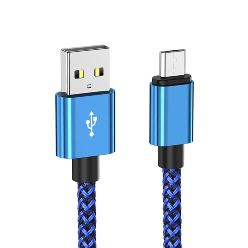 Blue braided USB to Micro USB charging cable with metal connectors for durable phone charging