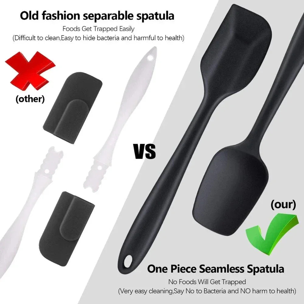 One-piece seamless black spatula vs old separable spatula — easy clean, no bacteria trap