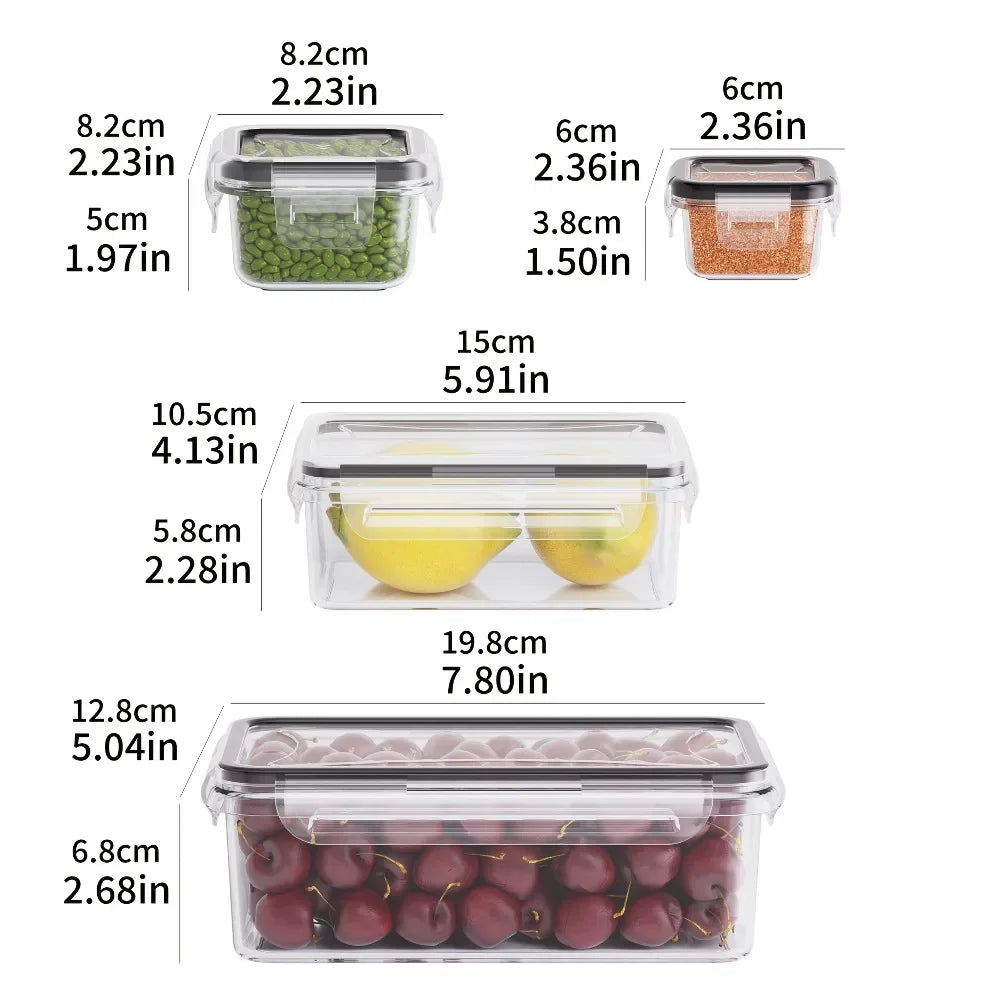 Clear food storage containers with lids, holding peas, quinoa, lemons, and cherries, with size dimensions shown