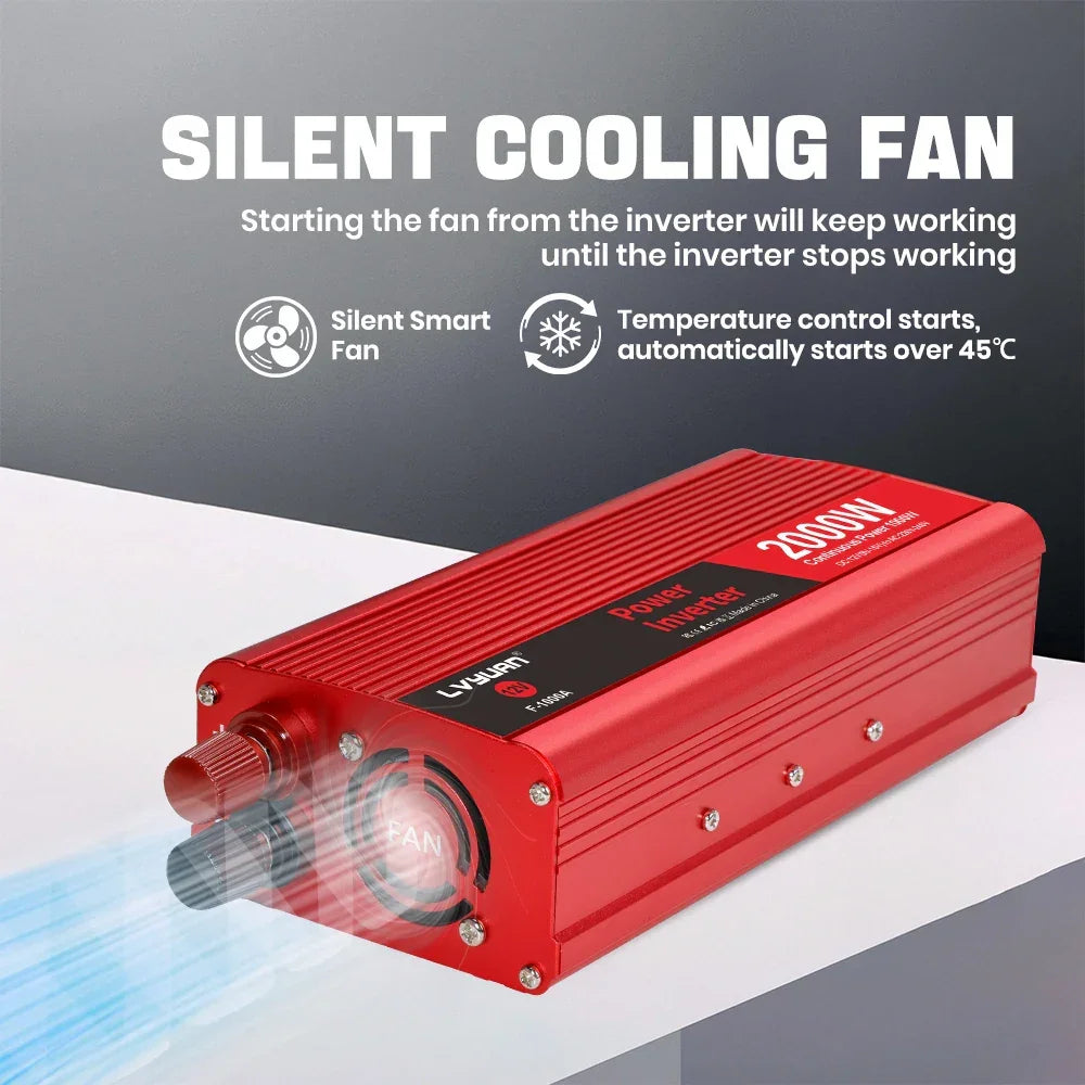 Red 2000W power inverter with silent cooling fan, temperature-controlled for truck or RV use