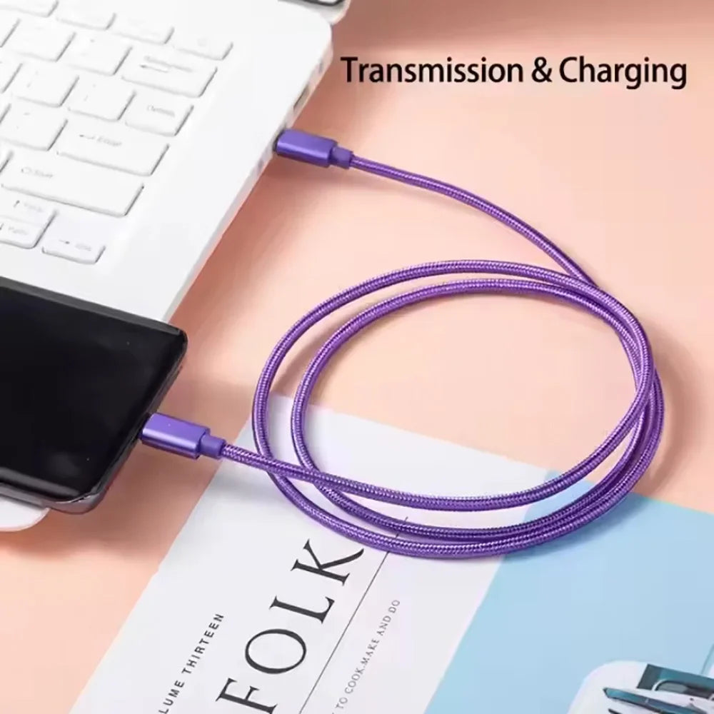 Purple braided USB cable for phone charging and data transmission, connected to laptop and smartphone
