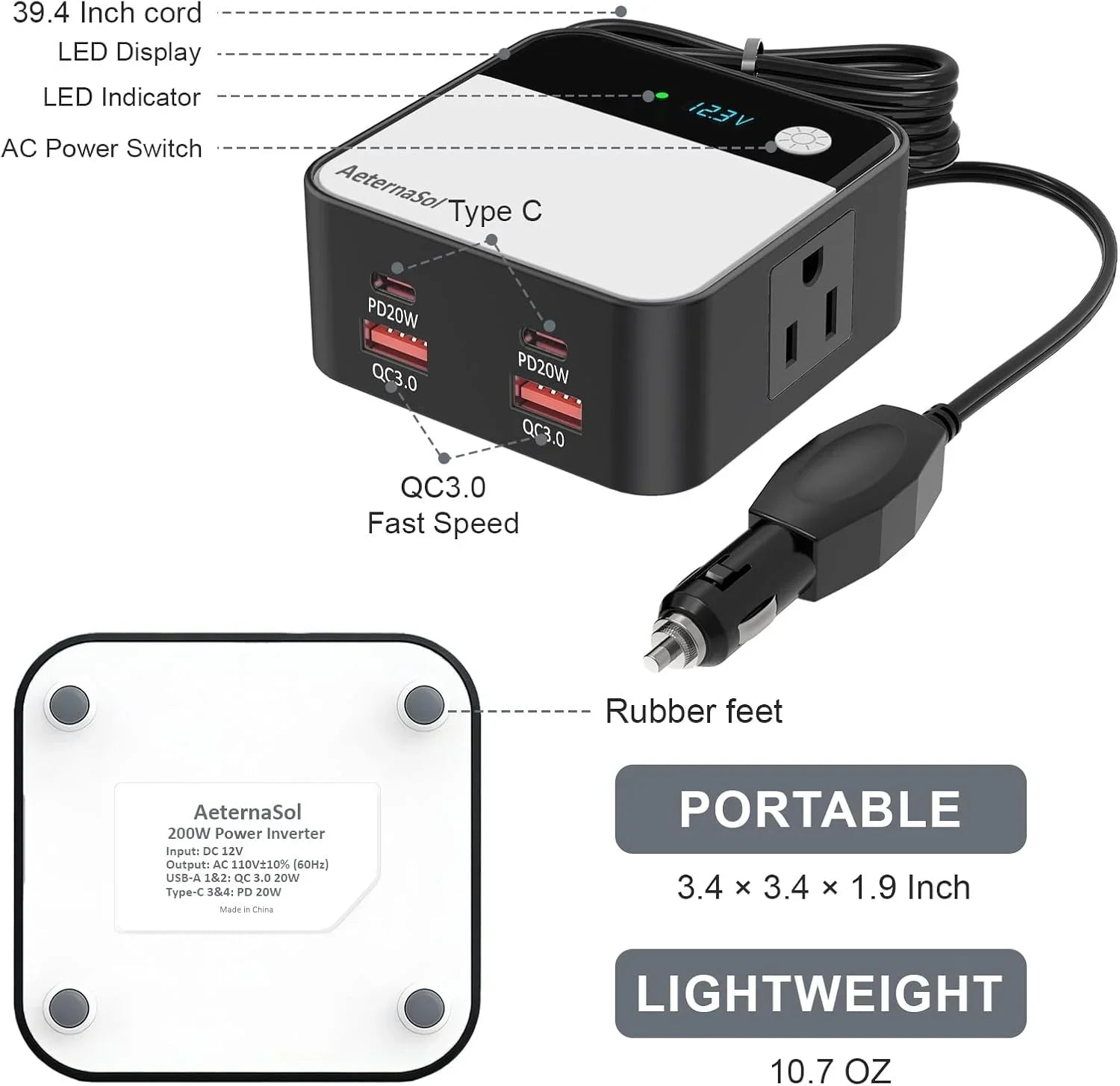 Portable 200W car power inverter with USB-C PD 20W, QC 3.0, LED display, and rubber feet for safe travel charging