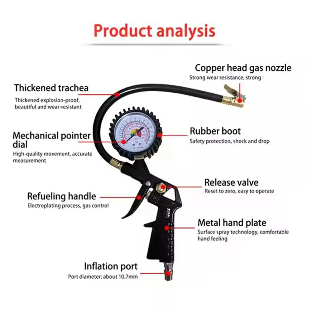 Heavy-duty tire inflator with pressure gauge, copper nozzle, and ergonomic handle for truck and RV use
