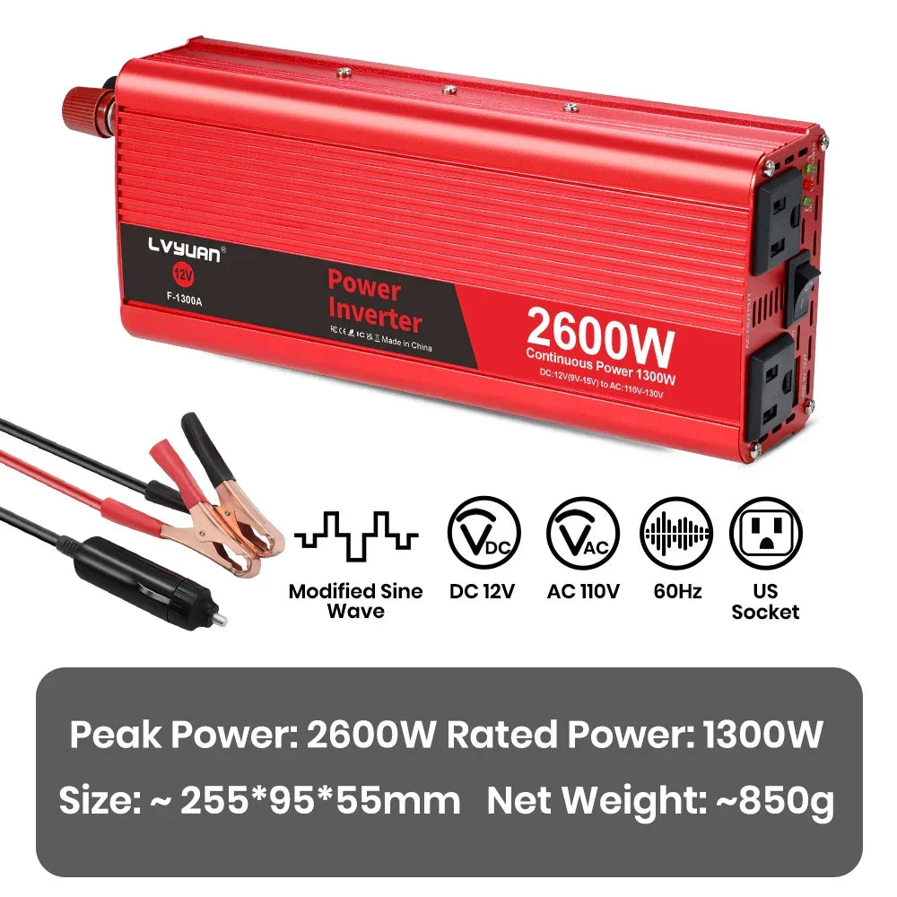 Red 2600W power inverter with 1300W continuous output, DC to AC conversion, US sockets, and car battery clamps