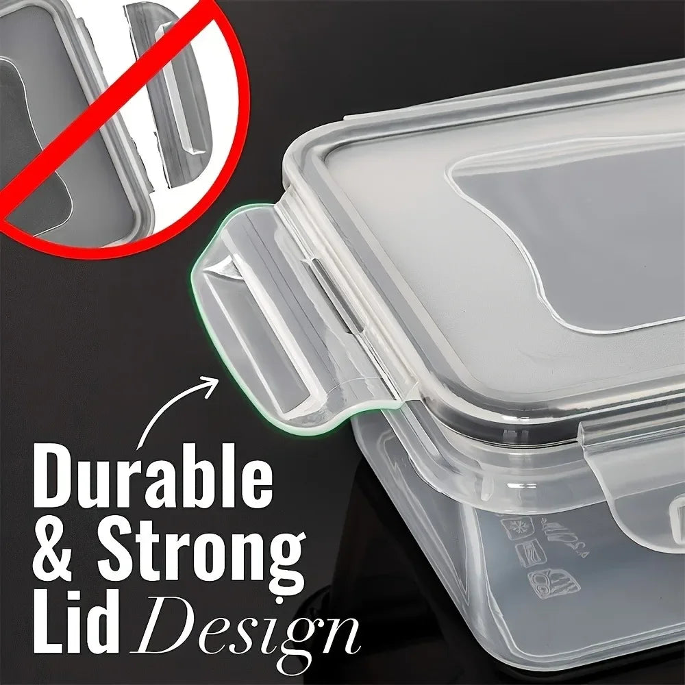 Durable, strong lid design on clear food storage container with secure locking clips