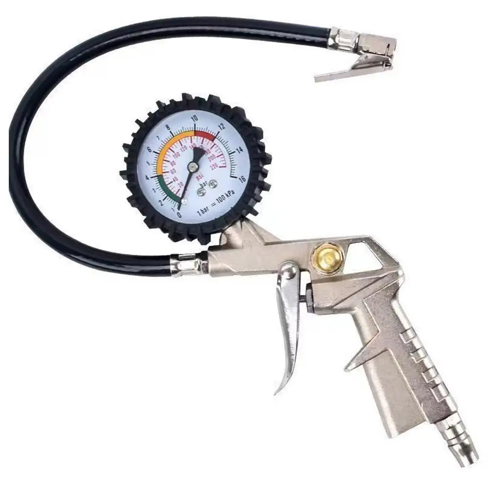 Tire pressure gauge with hose and air chuck for vehicle maintenance and safety