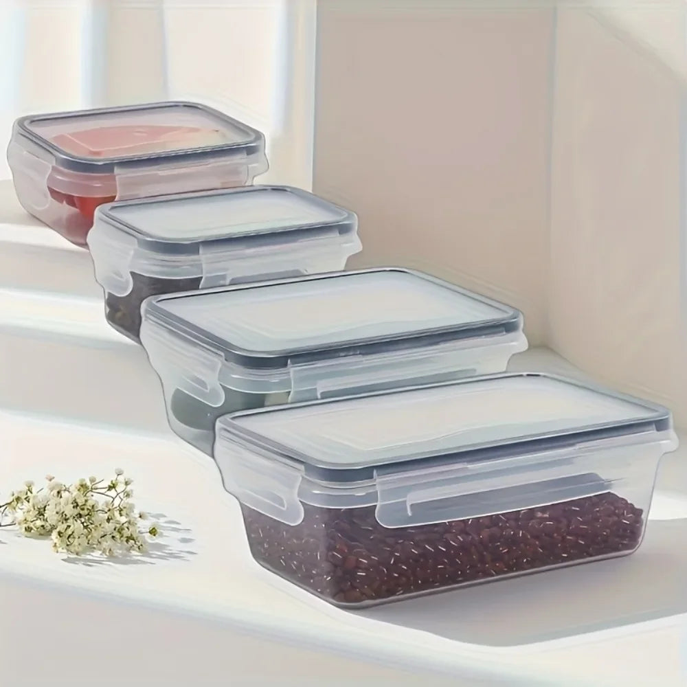 Clear plastic food storage containers with snap lids, holding beans and veggies, ideal for meal prep and organization