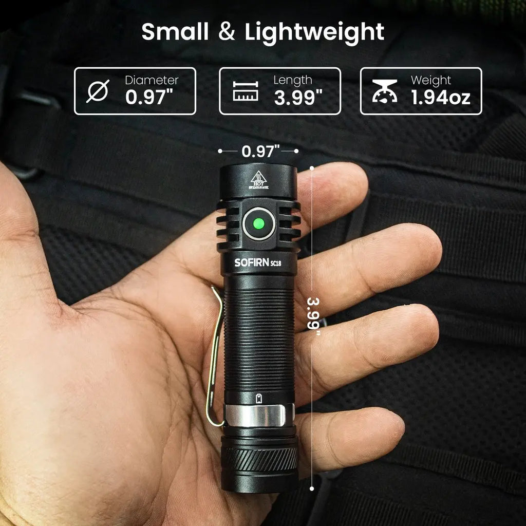 Compact SOFIRN SC18 flashlight, 3.99" long, 0.97" diameter, 1.94oz — ideal for on-the-road safety and comfort.