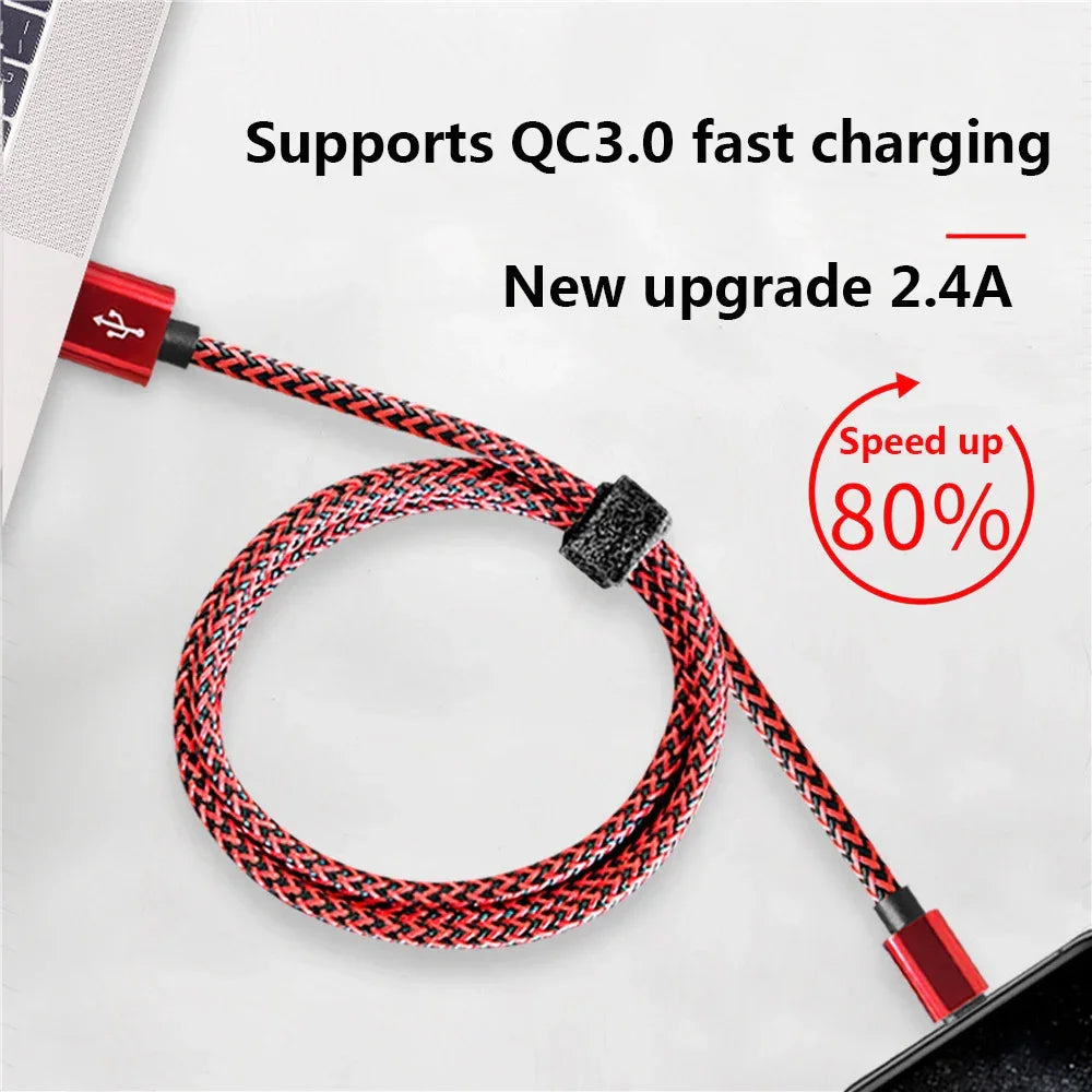 Red and black braided USB cable with QC3.0 fast charging, 2.4A upgrade, 80% speed boost