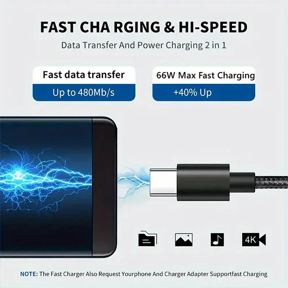 Fast charging USB-C cable with 66W power and 480Mb/s data transfer for smartphones
