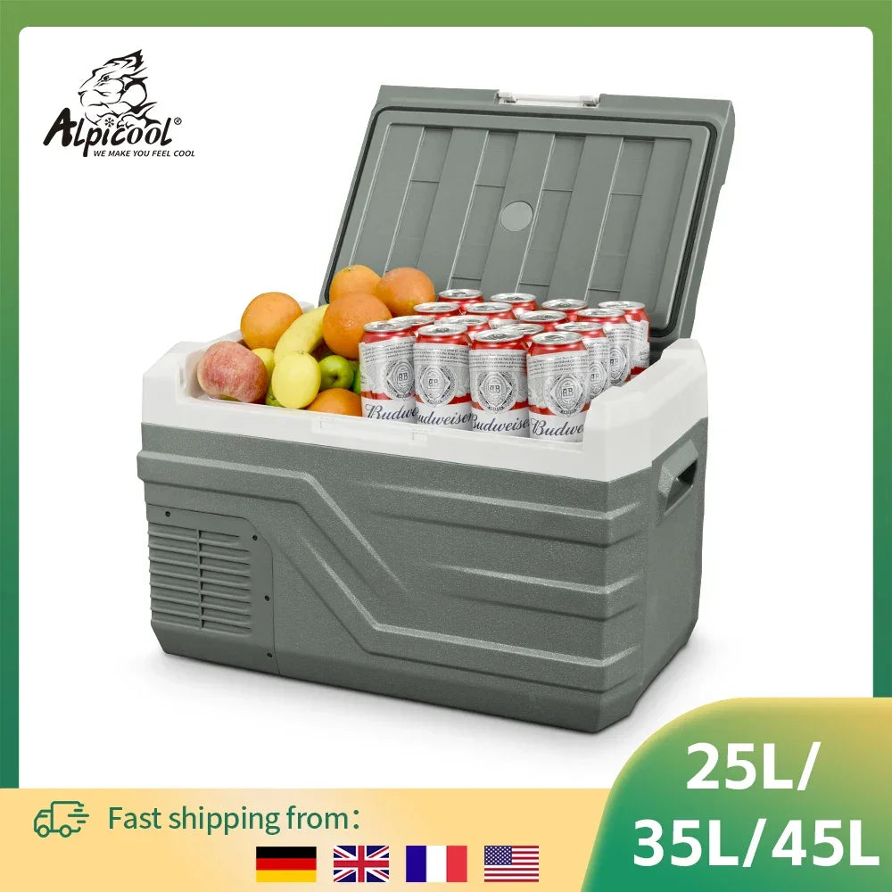 Gray portable cooler with 25L/35L/45L capacity, holding Budweiser cans and fresh fruit, ideal for road trips and outdoor adventures.