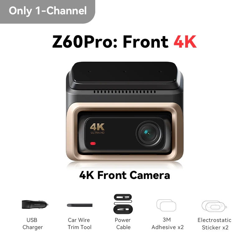 Z60Pro 4K front dash cam with USB charger, power cable, and adhesive mounts for vehicle safety and recording