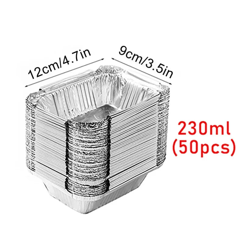 Stack of 50 aluminum foil containers, 230ml capacity, 12x9cm, ideal for food storage and transport