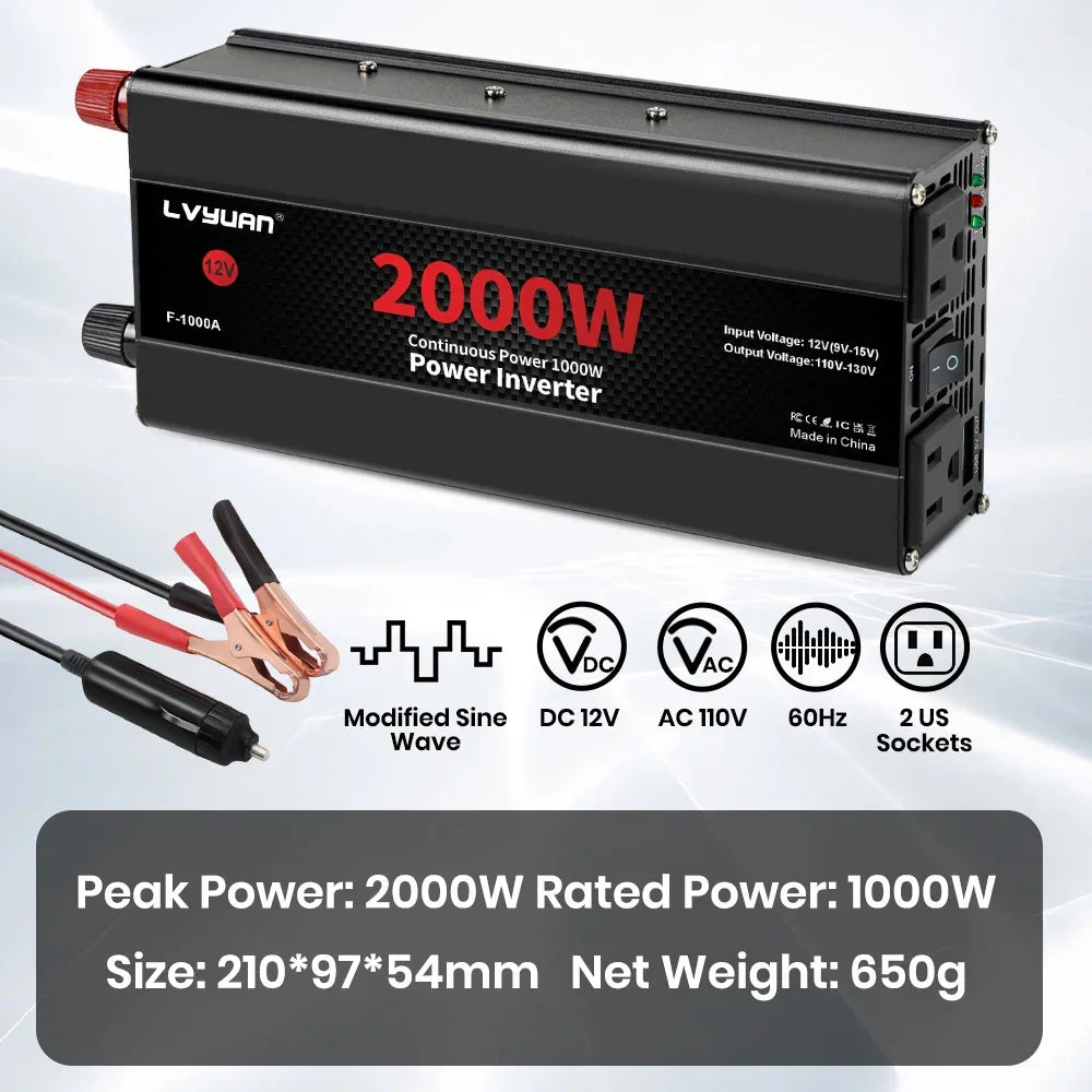 2000W peak 1000W continuous power inverter with modified sine wave, 2 AC outlets, DC 12V input, for vehicles
