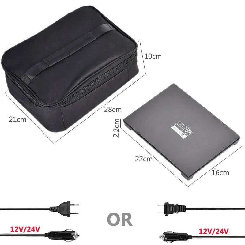 Compact 12V/24V power inverter with carrying case, ideal for road safety and comfort