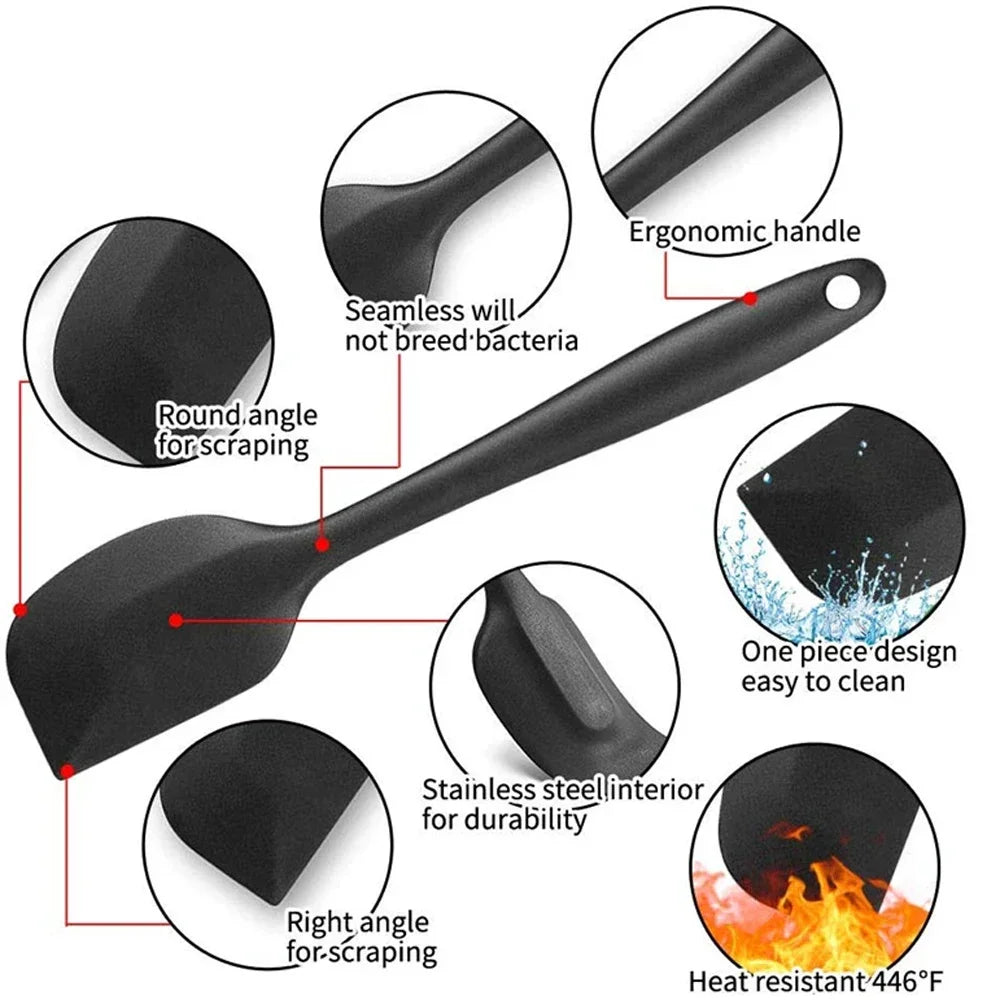 Black heat-resistant silicone spatula with ergonomic handle, seamless design, and stainless steel core for durability and easy cleaning