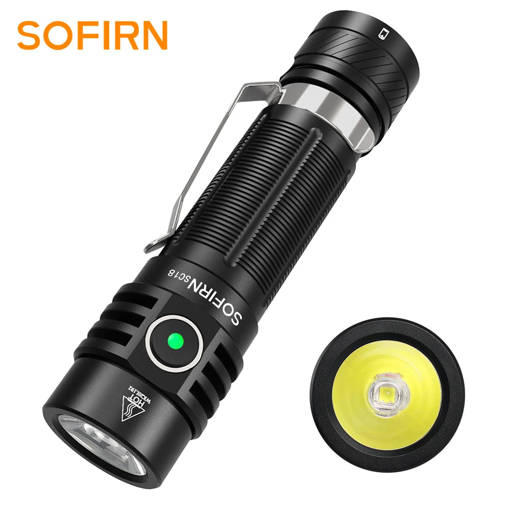 SOFIRN S018 tactical flashlight with green power indicator and detachable yellow LED lens, rugged design for outdoor use