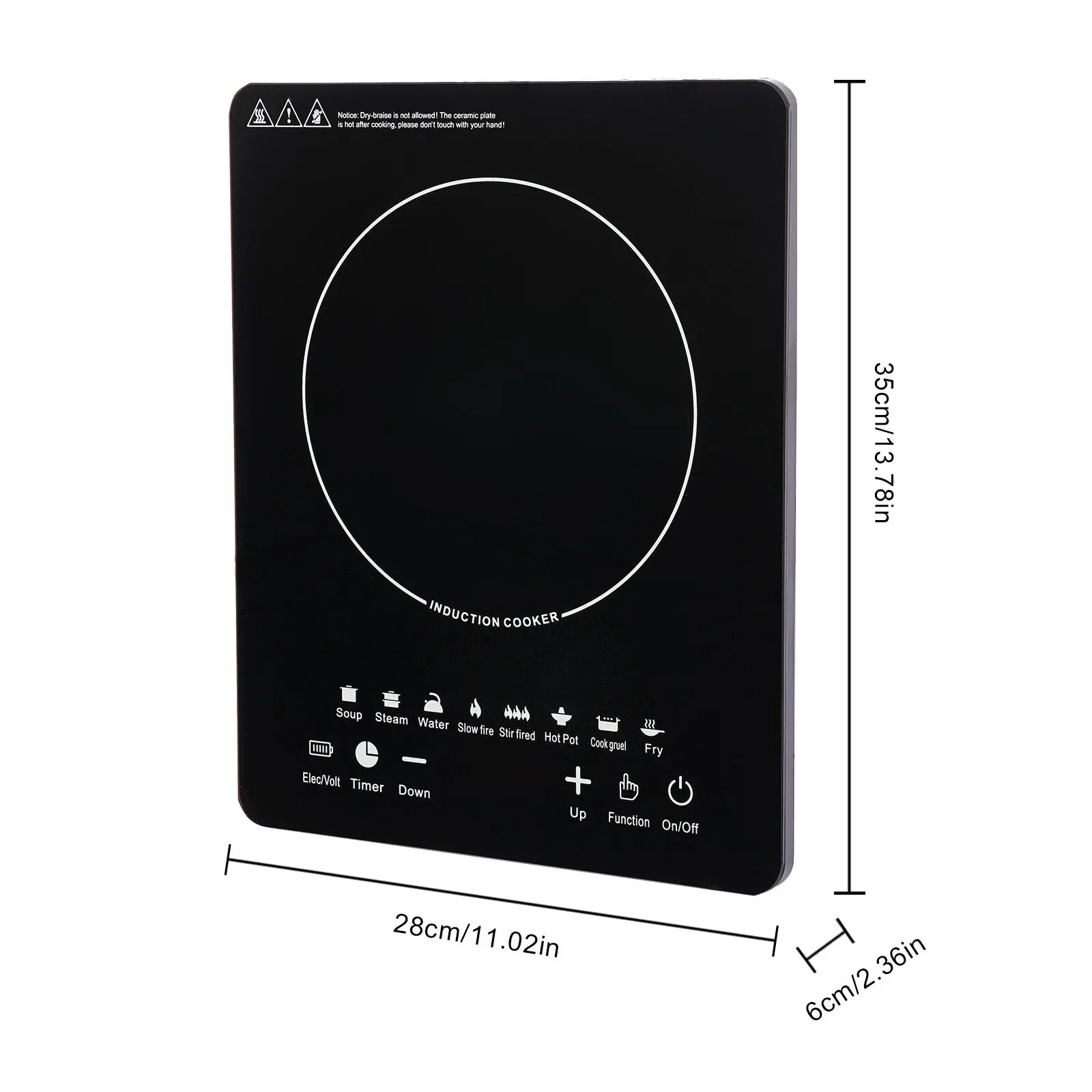 Compact black induction cooktop with touch controls, 35cm x 28cm, for portable cooking on the road