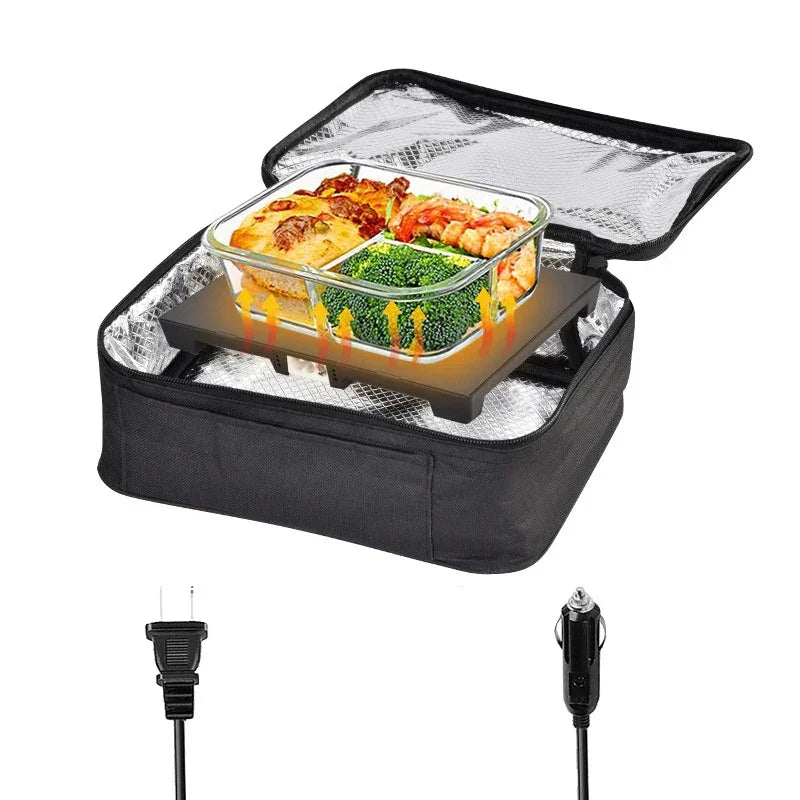 Portable heated lunch box with insulated bag, car and wall plug options for on-the-go meals